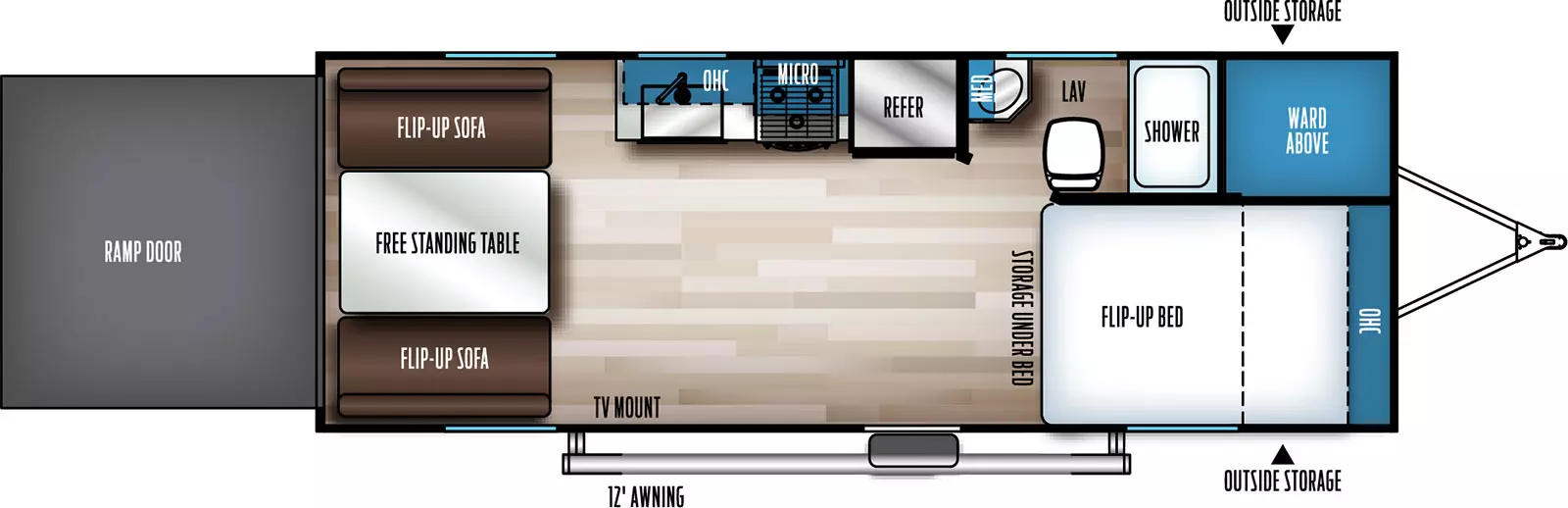 Rogue 23SUT Toy Hauler has 0 slideouts and one entry door on the door side. Exterior features include front outside storage, rear ramp door and a 12 ft. awning. Interior layout from front to back: front door-side bedroom with flip-up bed and storage underneath; front off-door side bathroom with medicine cabinet, toilet, sink and shower; off-door side kitchen with sink, overhead cabinets, overhead microwave, stovetop and refrigerator; TV mount on door-side wall across from kitchen; rear opposing side flip-up sofas with free standing table in the cargo area.