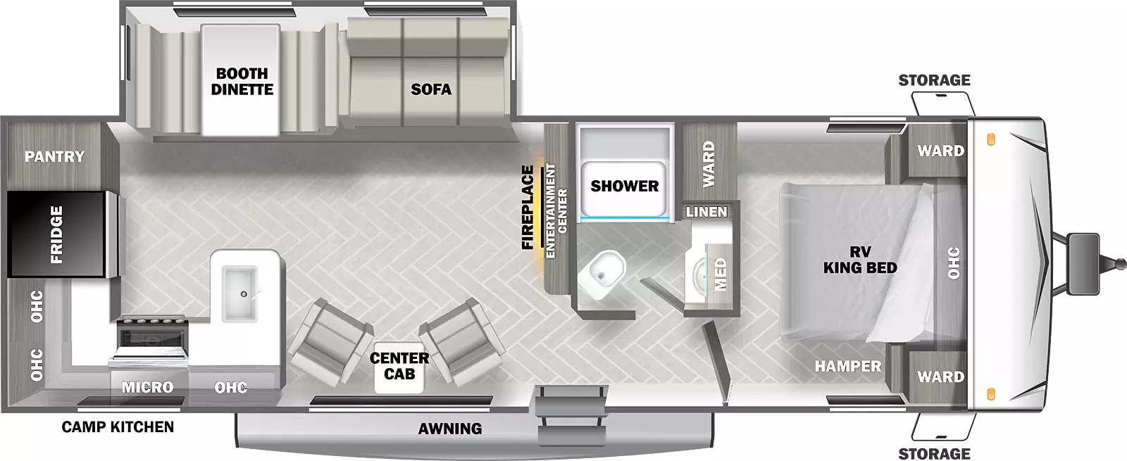 The T2792 has one slideout and one entry door. Exterior features an awning, camp kitchen, and front storage. Interior layout front to back: RV king bed with overhead cabinet and wardrobe on each side, hamper on door side, and wardrobe on off-door side; off-door side full bathroom with medicine cabinet and linen closet; entertainment center with fireplace below along inner wall; door side entry, two chairs and center cabinet; off-door side slideout with sofa and booth dinette; peninsula kitchen counter with sink wraps to door side with overhead cabinet, microwave, cooktop, continues to wrap to rear with refrigerator and pantry.