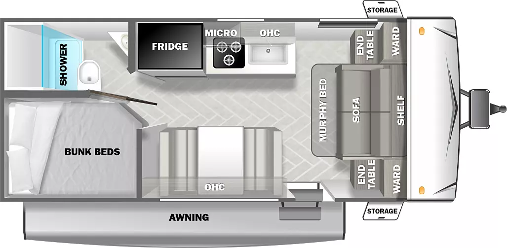 The 178DB has zero slideouts and one entry. Exterior features include awning, outside kitchen with prep station, and front storage. Interior layout front to back: front murphy bed sofa with shelf above and wardrobes on each side; off-door side kitchen with sink, cooktop, microwave, overhead cabinet, and refrigerator; door side entry and dinette with overhead cabinet; rear door-side bunk beds; rear off-door side full bathroom.