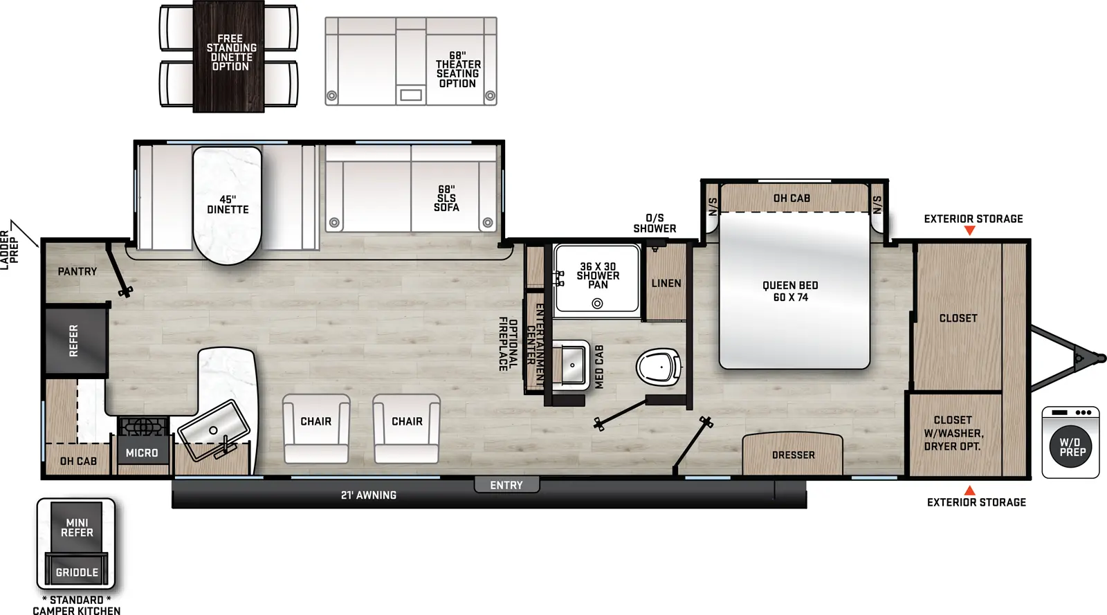 The 310KDS has 2 slide outs, both on the off-door side and 1 entry door. Exterior features include and outside shower in between the two slide outs, mini fridge on the door side at the rear, 18 foot awning, exterior storage in the front on the door and off-door side. Interior layout from front to back: front bedroom with 60x74 queen bed off-door side slide out featuring an overhead cabinet and night stands, front wall closets with washer dryer prep available on in the front door side corner closet, entertainment center and fireplace across from foot of the bed; off-door side side aisle bathroom with 36x30 shower pan, linen storage, toilet, medicine cabinet and sink; living area features an off-door slide out holding a dinette and sofa; rear facing entertainment center with fireplace standard; to recliner lounger chairs on the door side; kitchen is on the rear wall wrapping around to the door side. It features a double basin sink, overhead cabinets, overhead microwave, stovetop, refrigerator and pantry.