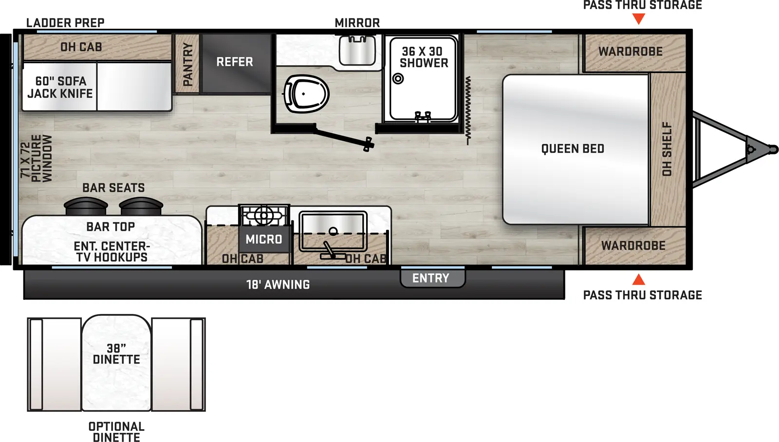 The Aurora 22EPIC floorplan has one entry and zero slide outs. Exterior features include: metal exterior and 18' awning. Interiors features include: front bedroom.